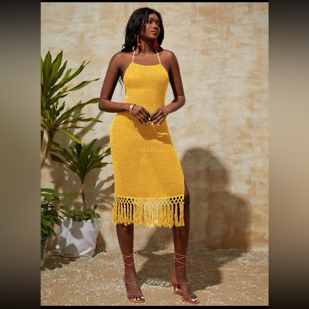 Sunshine Yellow Crochet Fringe Midi Dress - Picture 2 of 5
